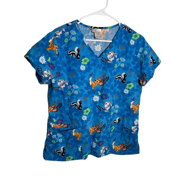 Disney Scrub Shirt Women's Medium Blue Bambi Short Sleeve V-Neck Tee Shirt - Picture 1 of 8